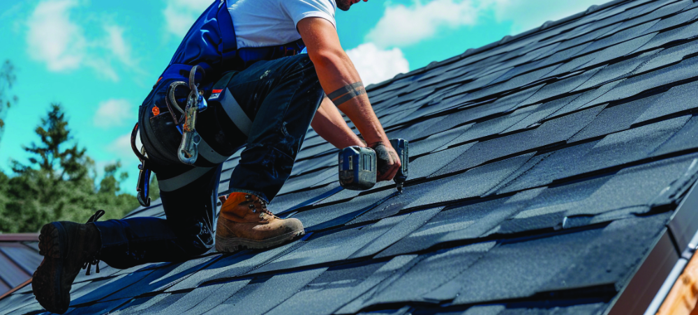 Dachdecker arbeitet auf dem Ziegeldach